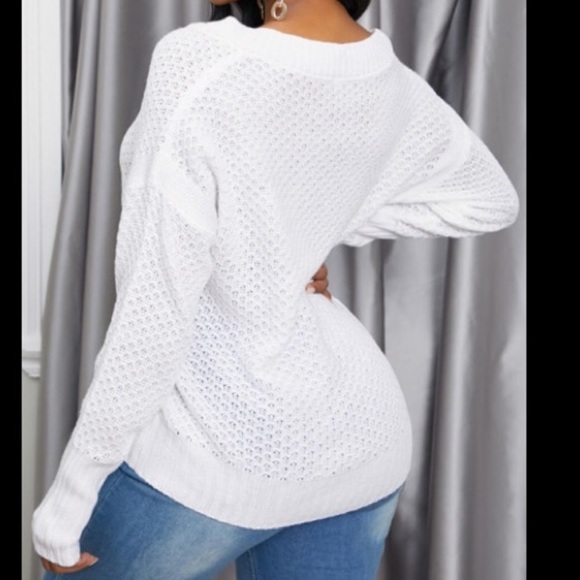 Unique Waffle Pattern Deep V Neck Soft Wool Long Sleeve White Shirt/Sweater - Picture 4 of 9